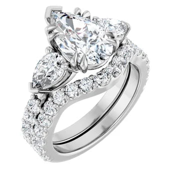 Pear Shaped Diamond Three Stone Engagement Ring - Set on 14k Gold - SAW10022
