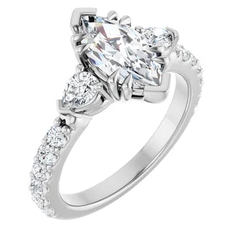 Marquise Cut and Pear Side Stone Diamond Three Stone Wedding Ring Set - Set on 14k Gold