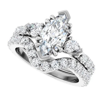 Marquise Cut and Pear Side Stone Diamond Three Stone Wedding Ring Set - Set on 14k Gold