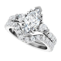 Marquise Cut and Pear Side Stone Diamond Three Stone Wedding Ring Set - Set on 14k Gold
