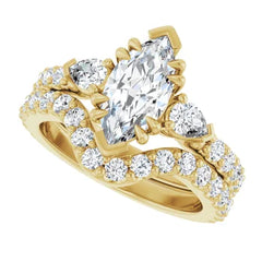 Marquise Cut and Pear Side Stone Diamond Three Stone Wedding Ring Set - Set on 14k Gold