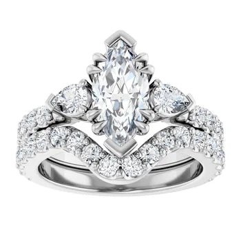 Marquise Cut and Pear Side Stone Diamond Three Stone Wedding Ring Set - Set on 14k Gold