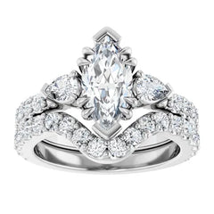 Marquise Cut and Pear Side Stone Diamond Three Stone Wedding Ring Set - Set on 14k Gold