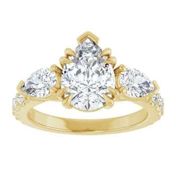 Pear Shaped Diamond Three Stone Engagement Ring - Set on 14k Gold