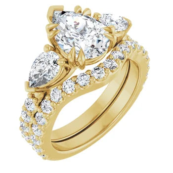 Pear Shaped Diamond Three Stone Engagement Ring - Set on 14k Gold - SAW10022