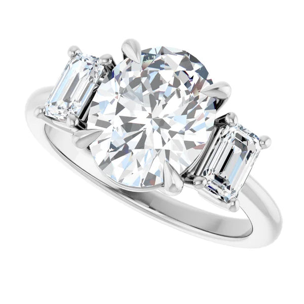 La Diamond White Oval and Emerald Cut Three-Stone Diamond Engagement Ring in 14k White Gold