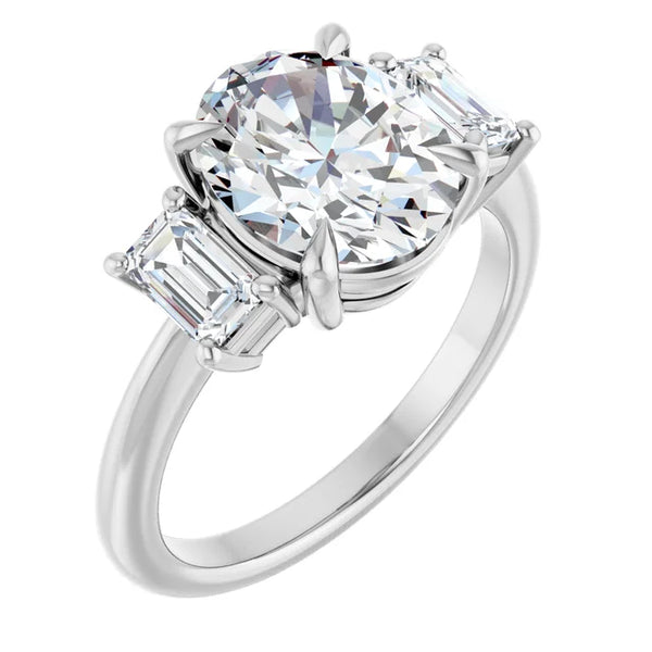 La Diamond White Oval and Emerald Cut Three-Stone Diamond Engagement Ring in 14k White Gold