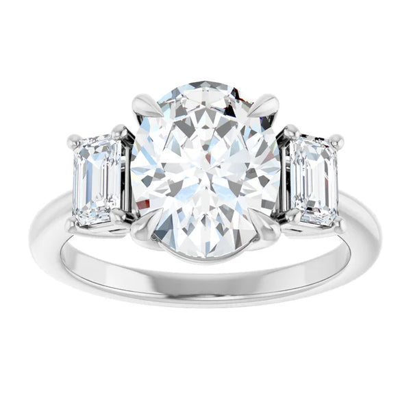 La Diamond White Oval and Emerald Cut Three-Stone Diamond Engagement Ring in 14k White Gold