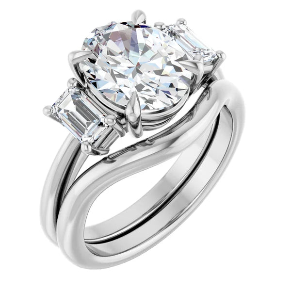 La Diamond White Oval and Emerald Cut Three-Stone Diamond Engagement Ring in 14k White Gold