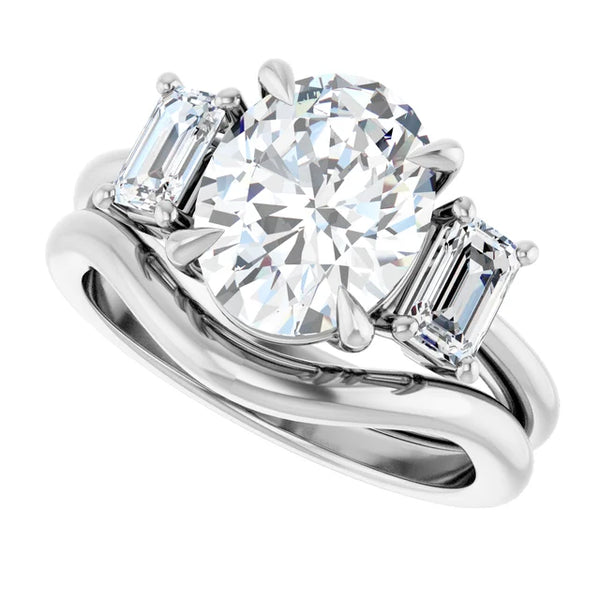 La Diamond White Oval and Emerald Cut Three-Stone Diamond Engagement Ring in 14k White Gold