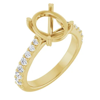 Oval-Cut Solitaire Semi-Mount Engagement Ring with Pave Band and Matching Wedding Band Set in 14K Gold