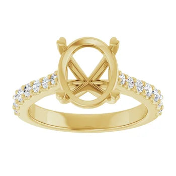 Oval-Cut Solitaire Semi-Mount Engagement Ring with Pave Band and Matching Wedding Band Set in 14K Gold