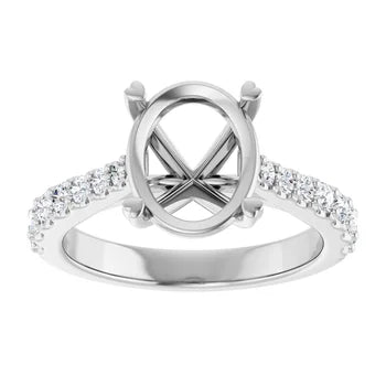 Oval-Cut Solitaire Semi-Mount Engagement Ring with Pave Band and Matching Wedding Band Set in 14K Gold