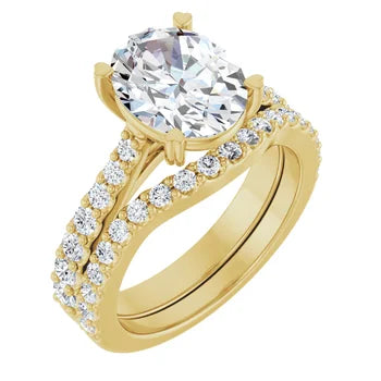 Oval-Cut Solitaire Semi-Mount Engagement Ring with Pave Band and Matching Wedding Band Set in 14K Gold