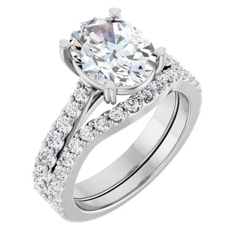 Oval-Cut Solitaire Semi-Mount Engagement Ring with Pave Band and Matching Wedding Band Set in 14K Gold