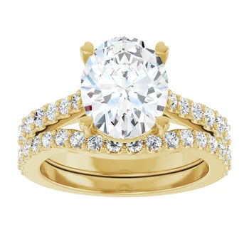 Oval-Cut Solitaire Semi-Mount Engagement Ring with Pave Band and Matching Wedding Band Set in 14K Gold