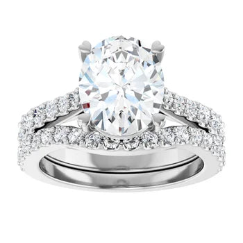 Oval-Cut Solitaire Semi-Mount Engagement Ring with Pave Band and Matching Wedding Band Set in 14K Gold