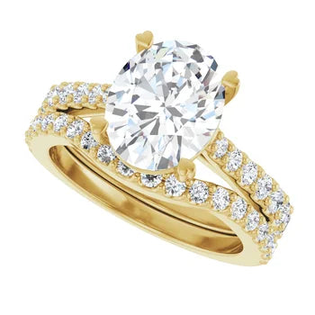 Oval-Cut Solitaire Semi-Mount Engagement Ring with Pave Band and Matching Wedding Band Set in 14K Gold