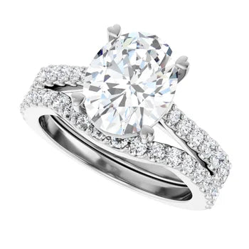 Oval-Cut Solitaire Semi-Mount Engagement Ring with Pave Band and Matching Wedding Band Set in 14K Gold