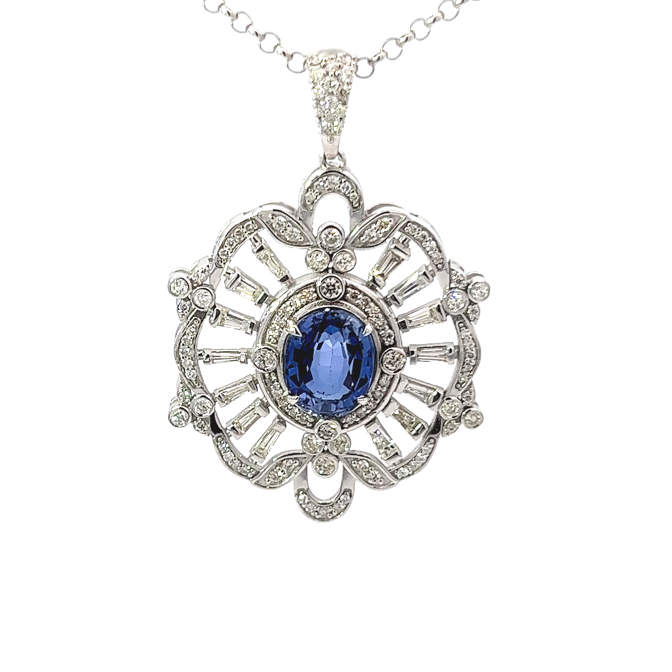 18K White Gold Diamond & Blue Sapphire Center Round-Cut Pendant