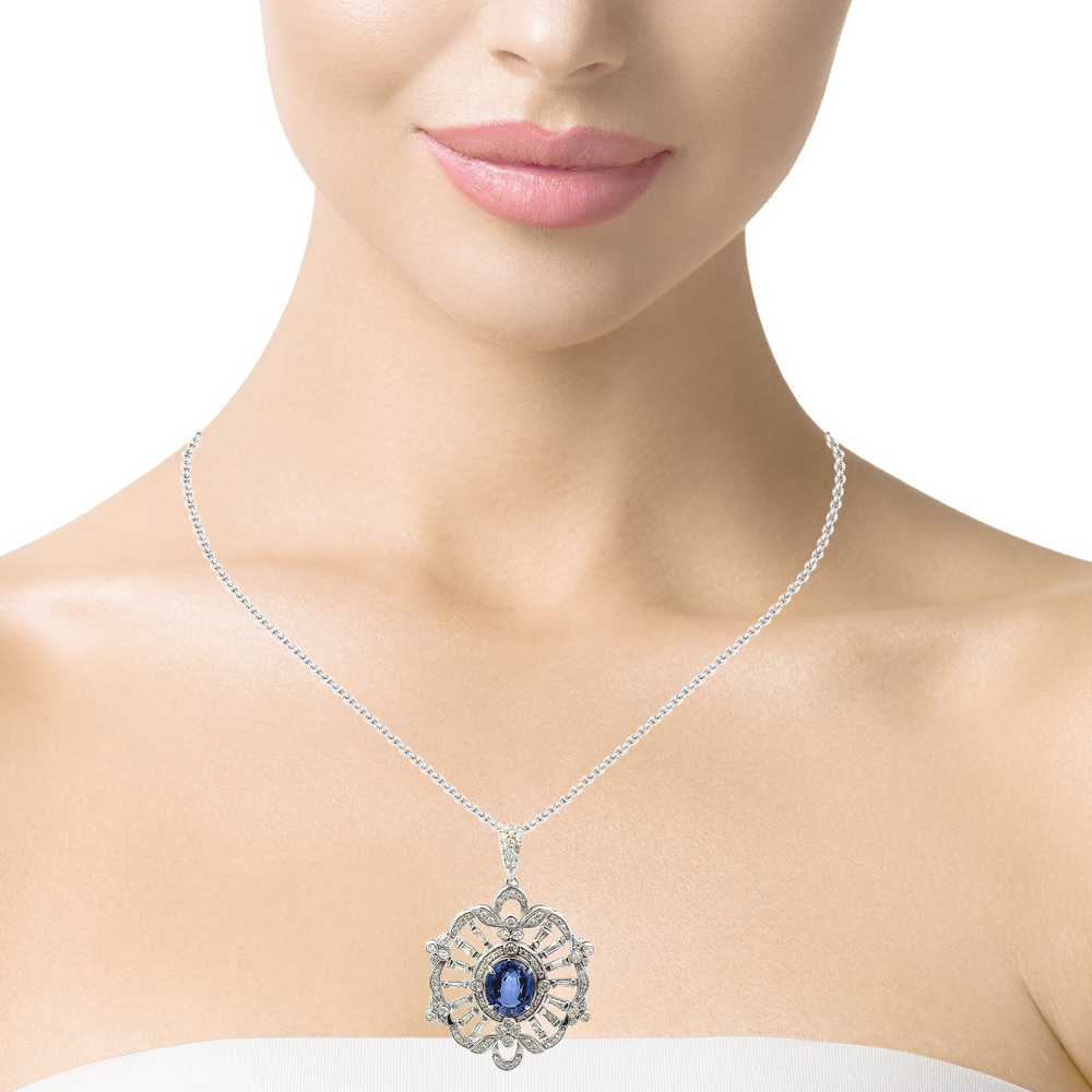 18K White Gold Diamond & Blue Sapphire Center Round-Cut Pendant