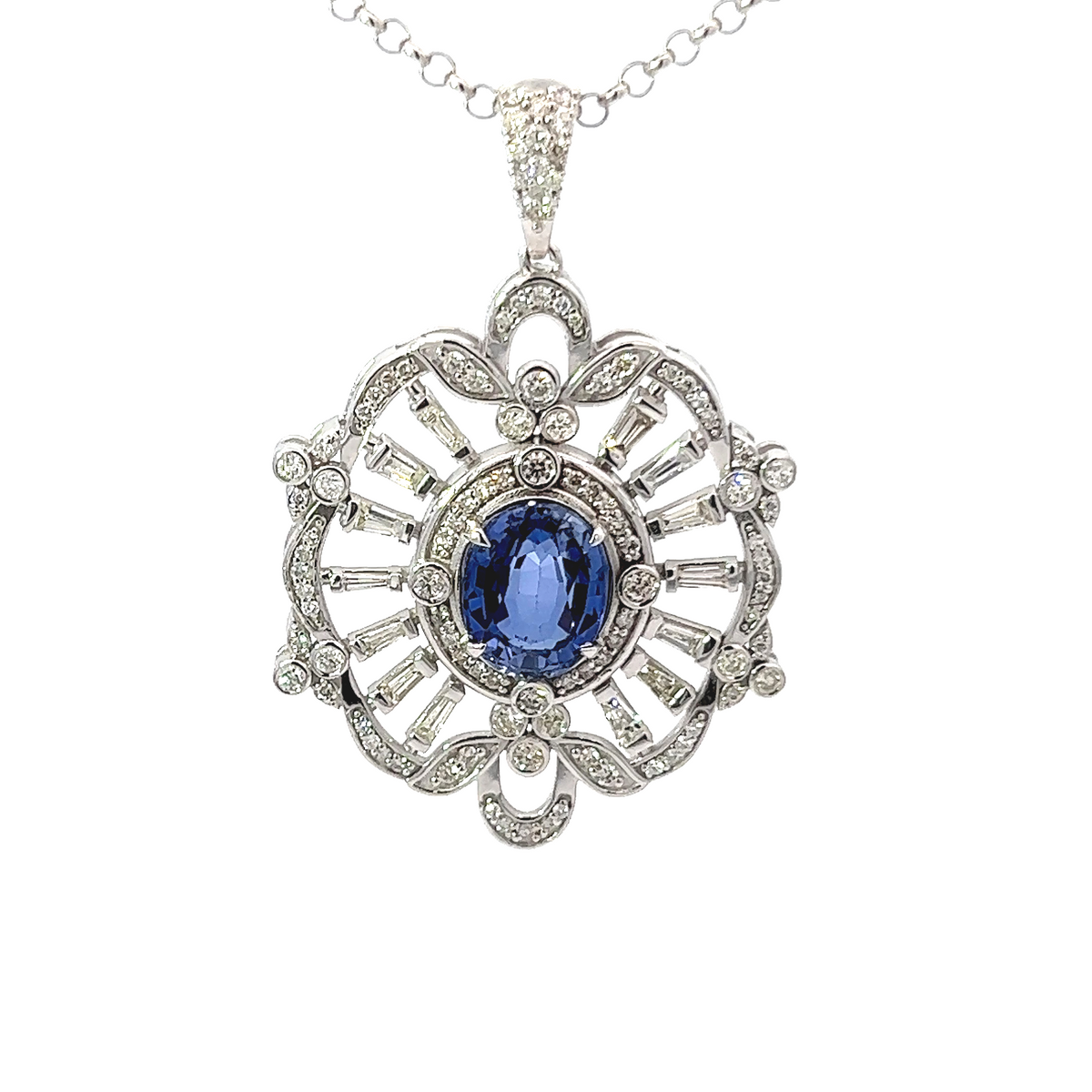 18K White Gold Diamond & Blue Sapphire Center Round-Cut Pendant