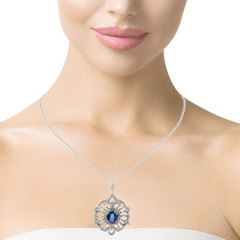 18K White Gold Diamond & Blue Sapphire Center Round-Cut Pendant