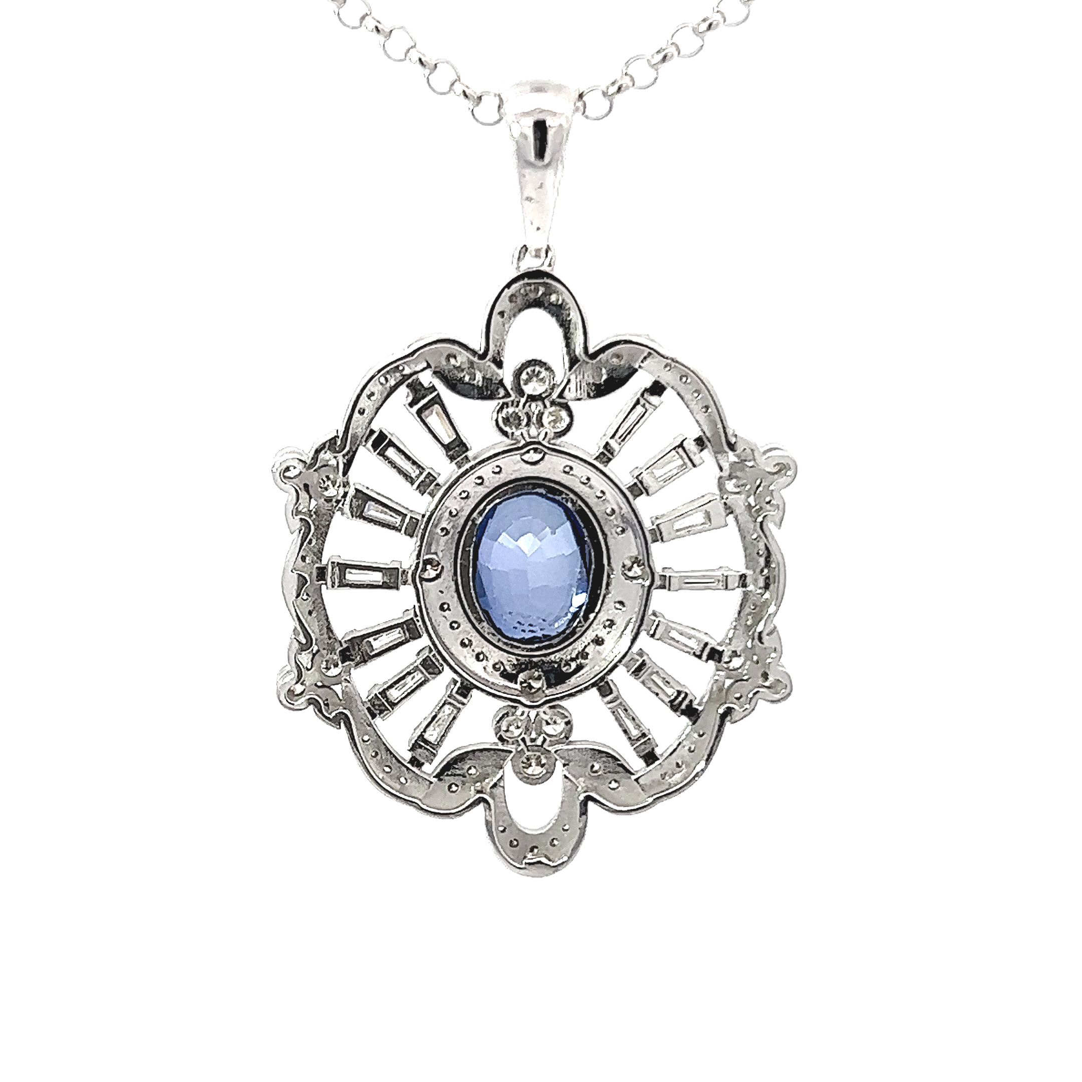 18K White Gold Diamond & Blue Sapphire Center Round-Cut Pendant