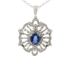 18K White Gold Diamond & Blue Sapphire Center Round-Cut Pendant
