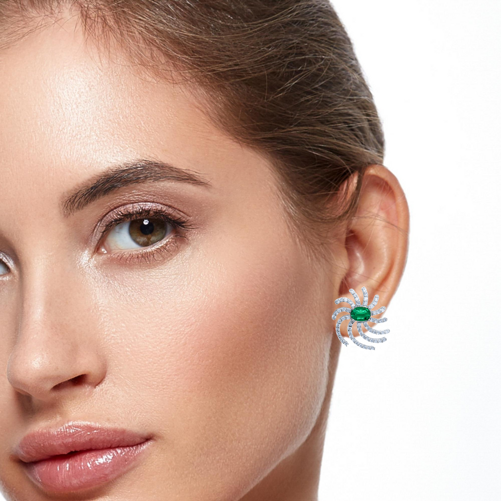 18K White Gold Diamond Oval and Round Cut Earring with Emerald (2.50 ct)