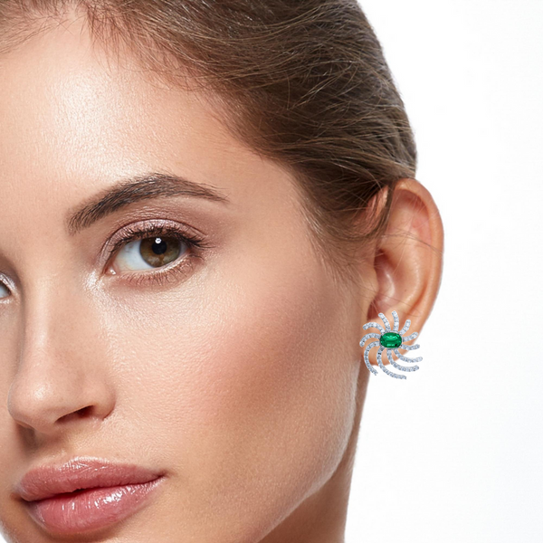 18K White Gold Diamond Oval and Round Cut Earring with Emerald (2.50 ct)