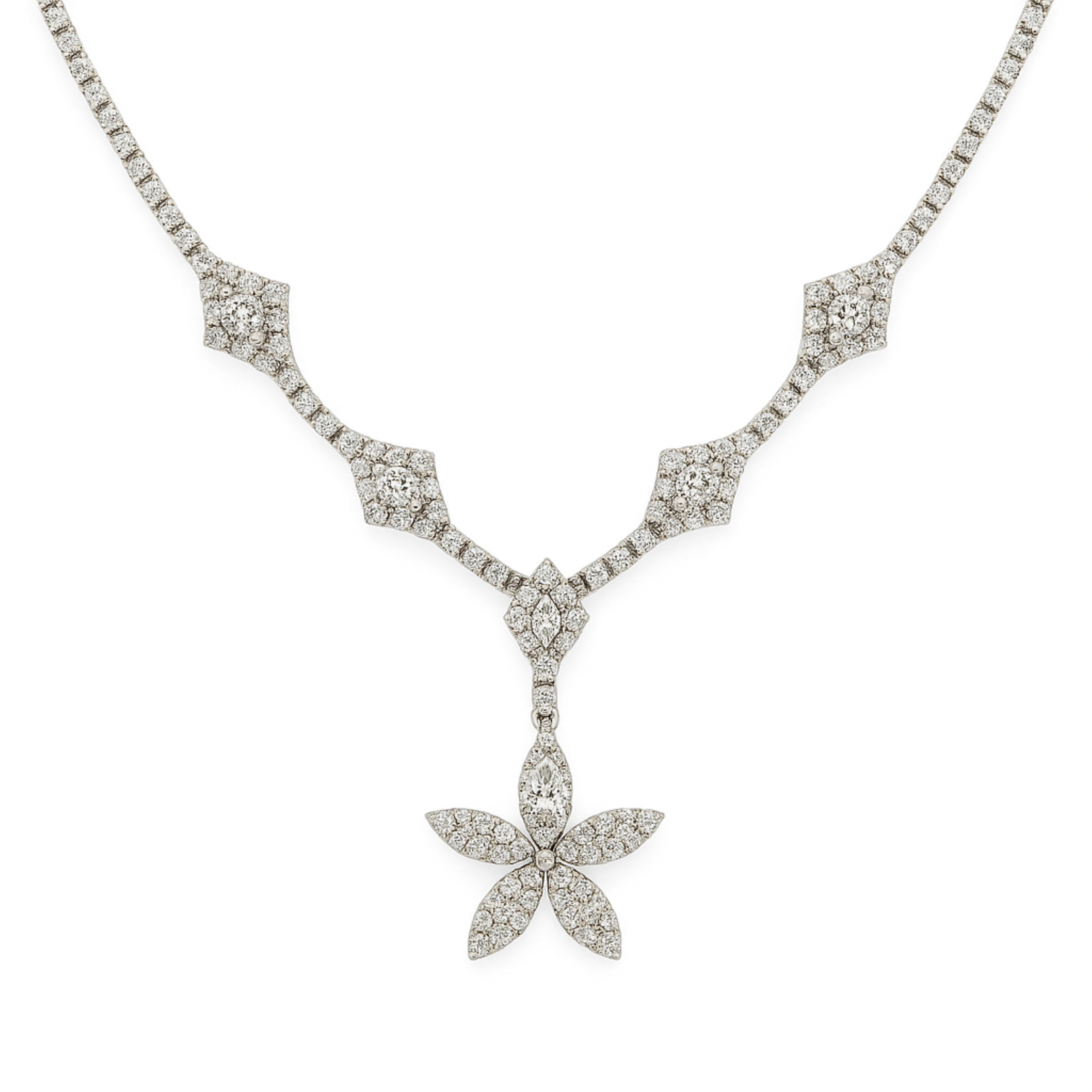 18K White Gold Diamond Tennis Necklace with Flower Pendant (6.60 ct)