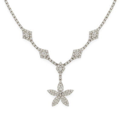 18K White Gold Diamond Tennis Necklace with Flower Pendant (6.60 ct)
