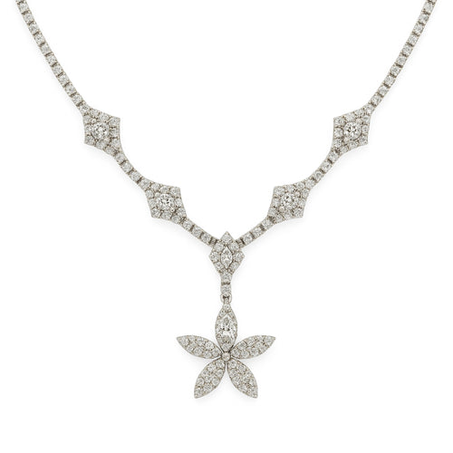 18K White Gold Diamond Tennis Necklace with Flower Pendant (6.60 ct)