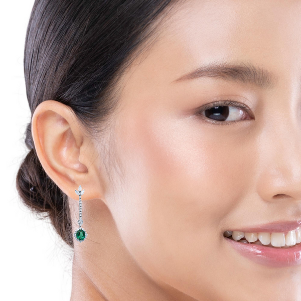 18K White Gold Diamond and Emerald Oval Cut Dangle Earring (3.49 ct)