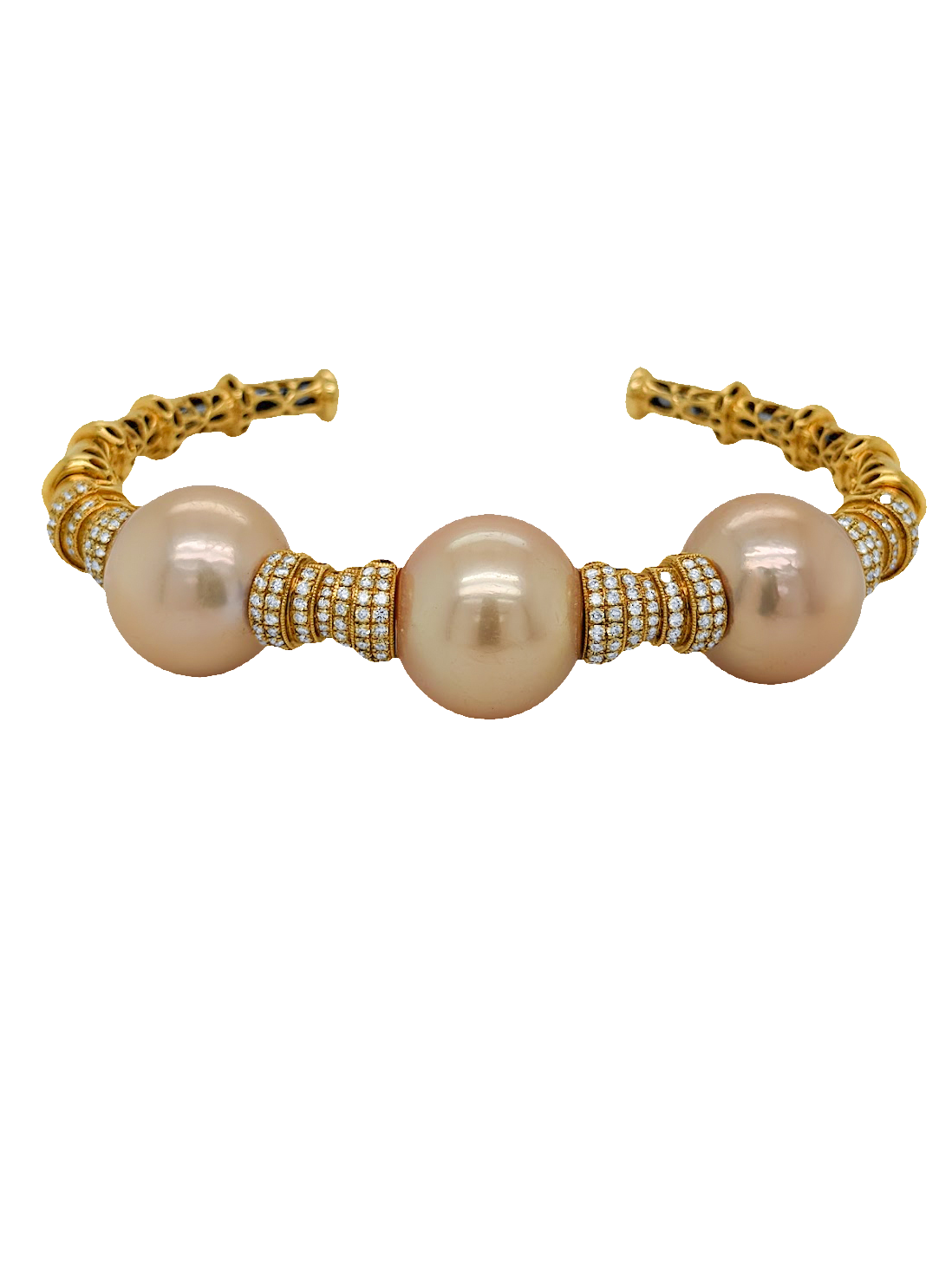 18K Yellow Gold South Sea Pearl & Diamond Open Bangle (1.84 ct)