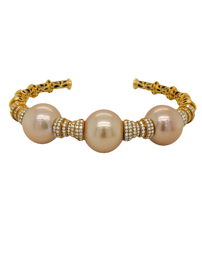 18K Yellow Gold South Sea Pearl & Diamond Open Bangle (1.84 ct)
