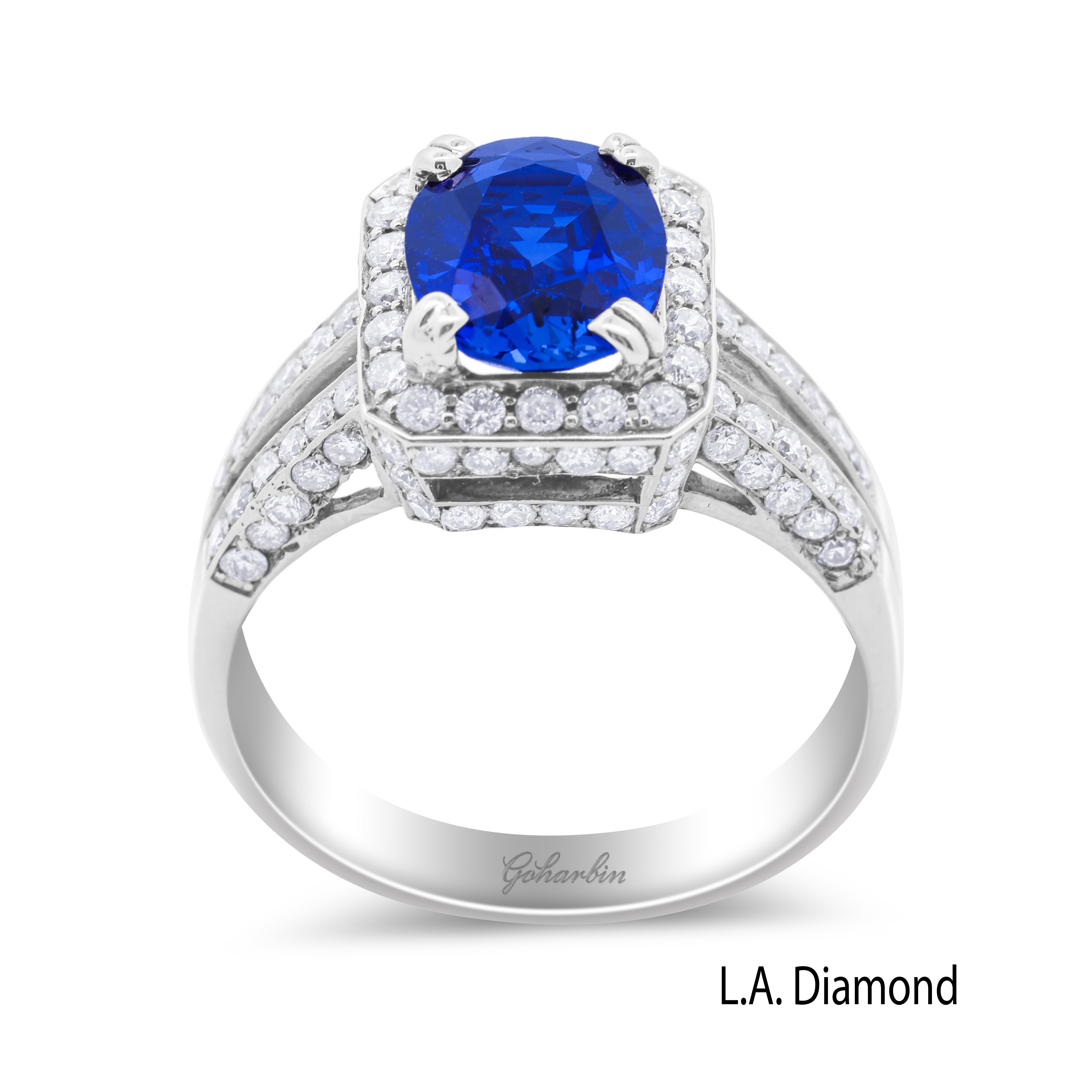 1Ct Blue Sapphire Diamond Pave Engagement Ring (14K White Gold, Split Shank)