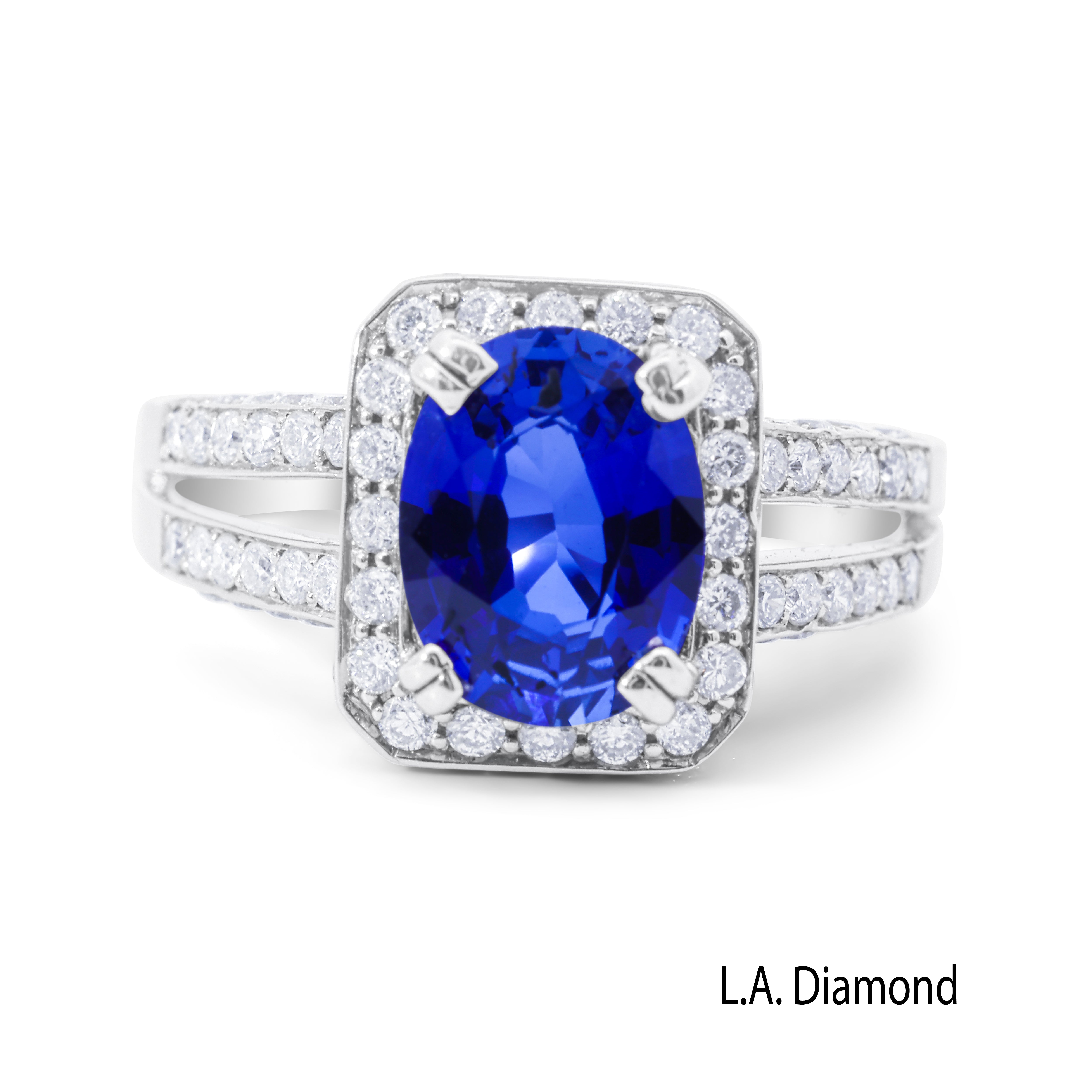 1Ct Blue Sapphire Diamond Pave Engagement Ring (14K White Gold, Split Shank)