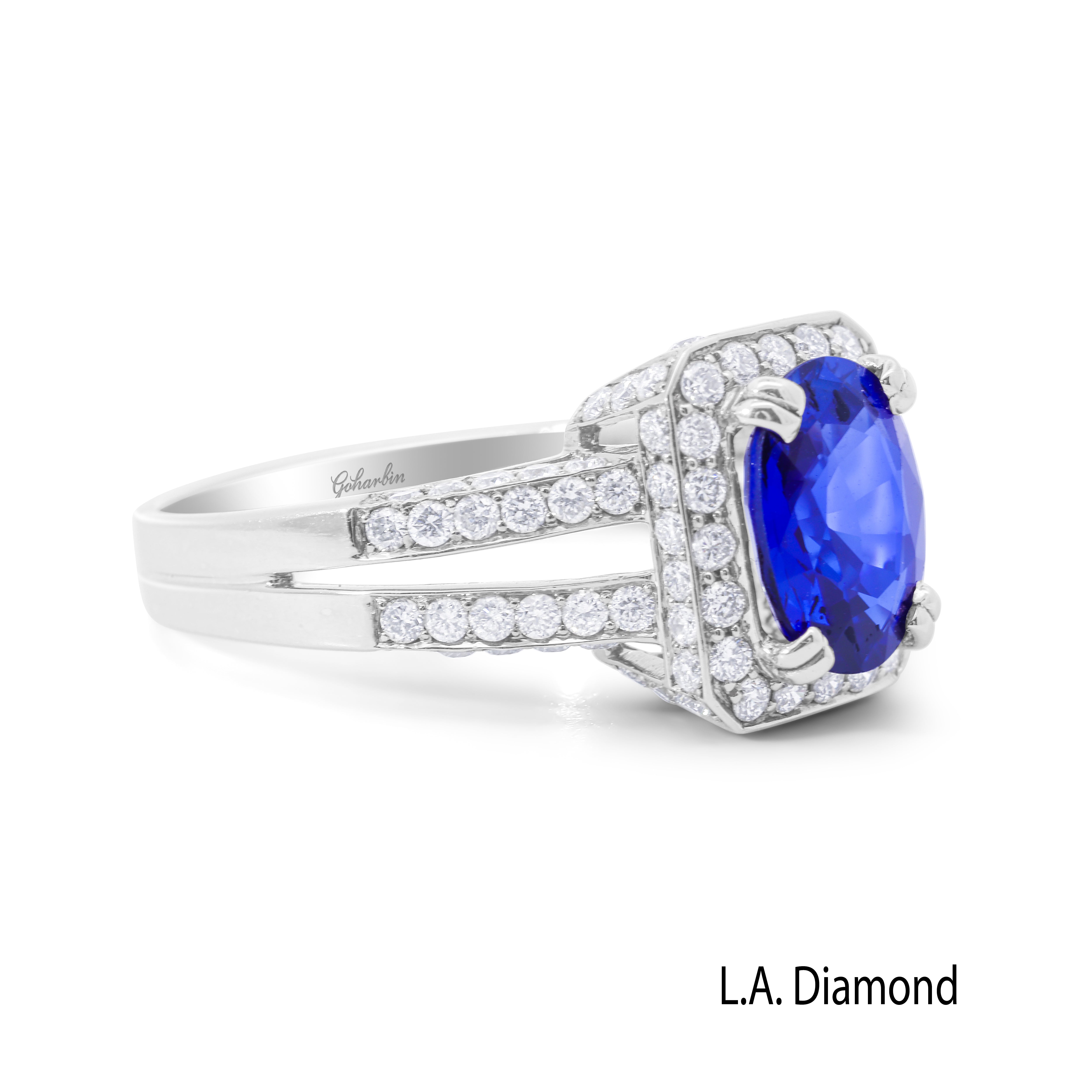 1Ct Blue Sapphire Diamond Pave Engagement Ring (14K White Gold, Split Shank)