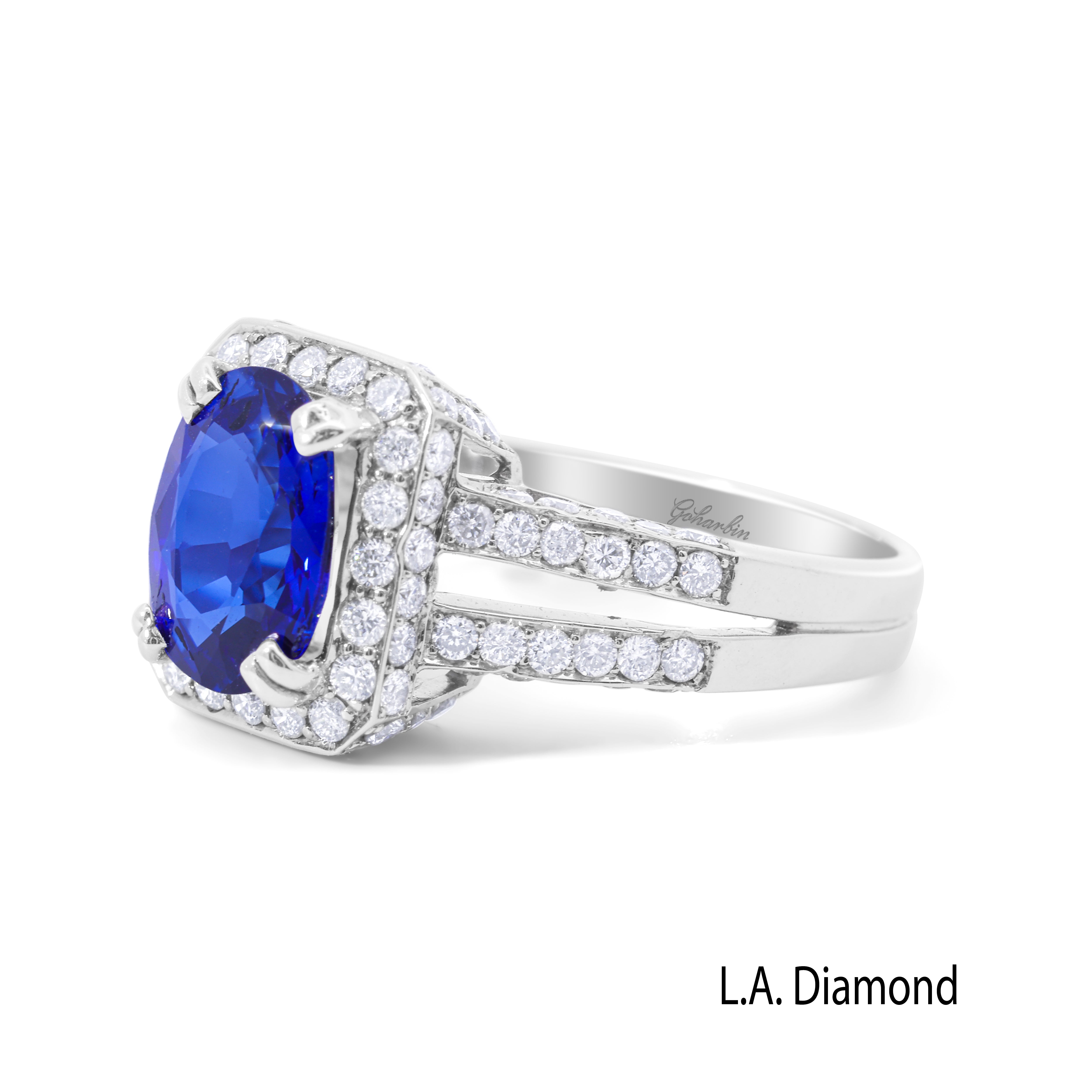 1Ct Blue Sapphire Diamond Pave Engagement Ring (14K White Gold, Split Shank)