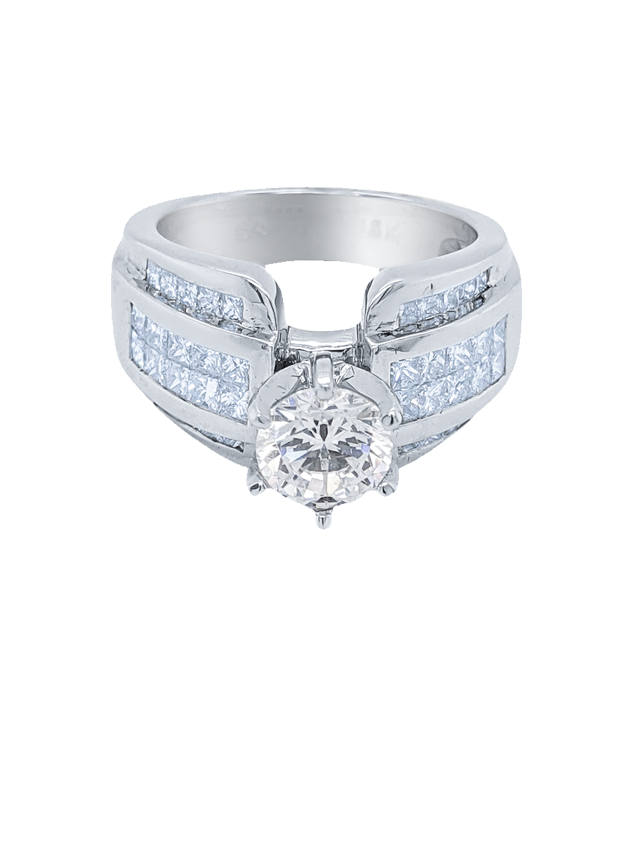 18k White Gold Diamond Bezel Corner Princess Round Cut Engagement Ring 1.40c - LA DIAMOND