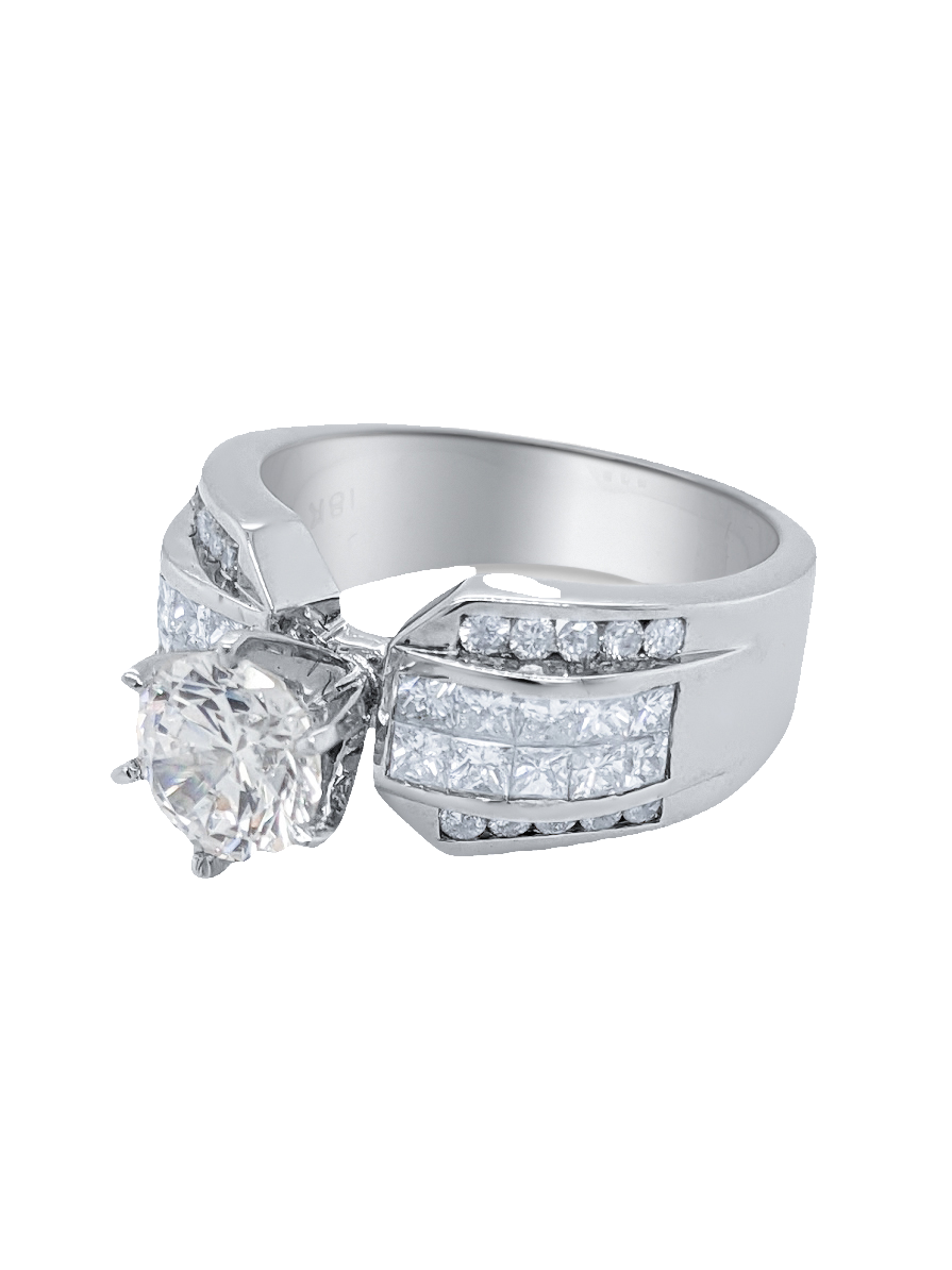 18k White Gold Diamond Bezel Corner Princess and Round Cut Engagement Ring 1.29c - LA DIAMOND