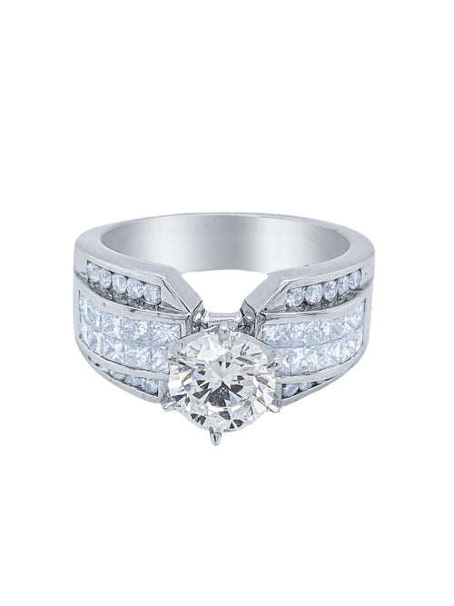 18k White Gold Diamond Bezel Corner Princess and Round Cut Engagement Ring 1.29c - LA DIAMOND