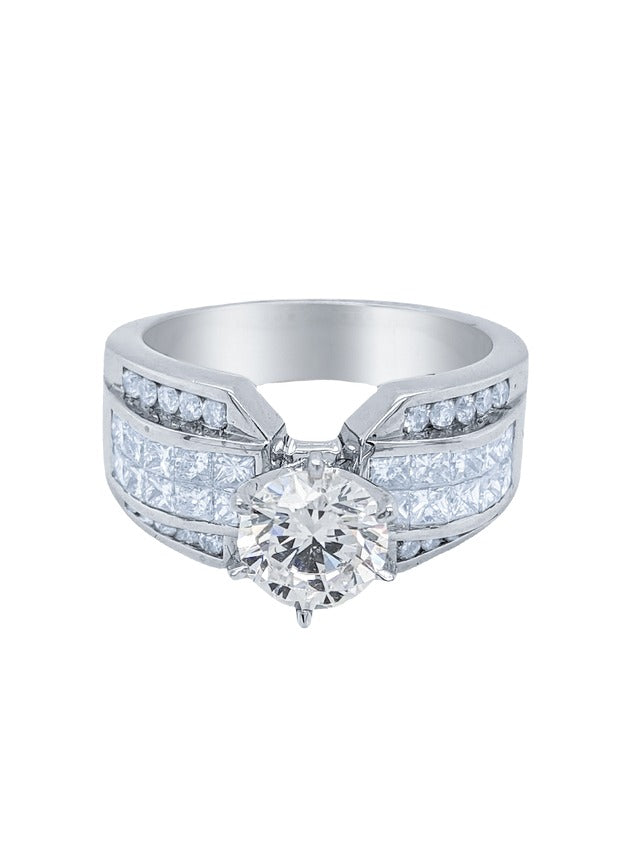 18k White Gold Diamond Bezel Corner Princess and Round Cut Engagement Ring 1.29c - LA DIAMOND