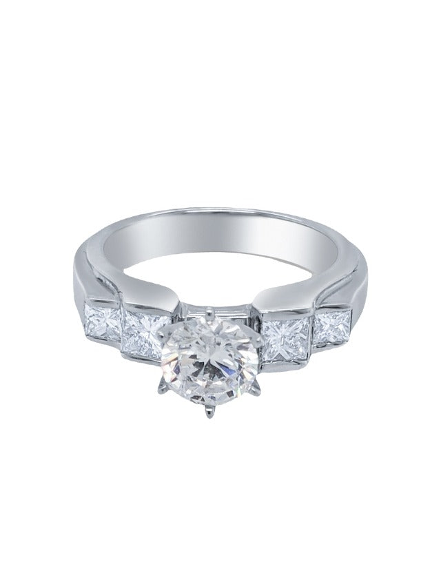 18k White Gold Diamond Bezel Corner and Round Cut Engagement Ring .75c - LA DIAMOND