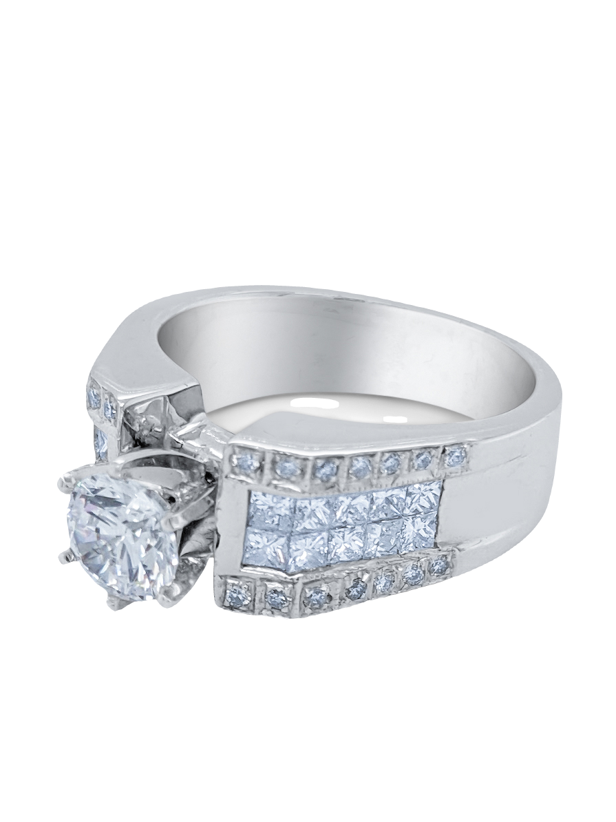 18k White Gold Diamond Bezel Corner Princess and Round Cut Engagement Ring 2.23c - LA DIAMOND