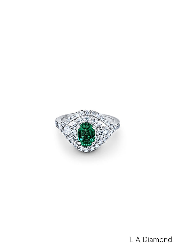 14k White Gold Diamond Emerald Ring - LA DIAMOND