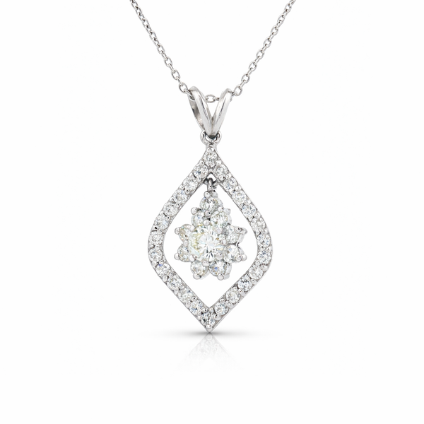 14K White Gold Diamond Pendant Necklace – 2.00 CTW Pavé Halo Floral Design - LA DIAMOND