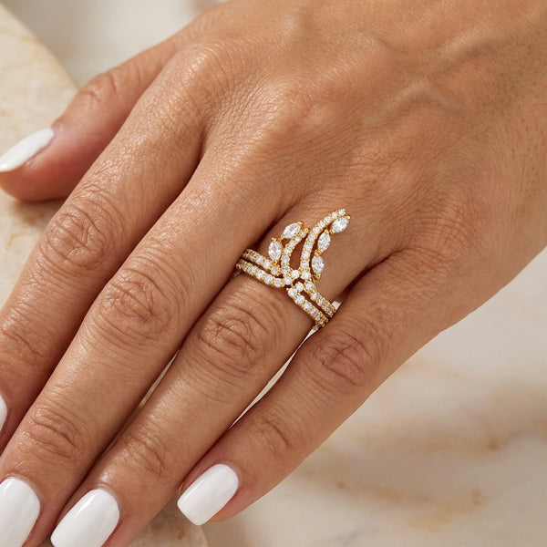 14K Yellow Gold Marquise & Round Diamond Floral Ring - LA DIAMOND
